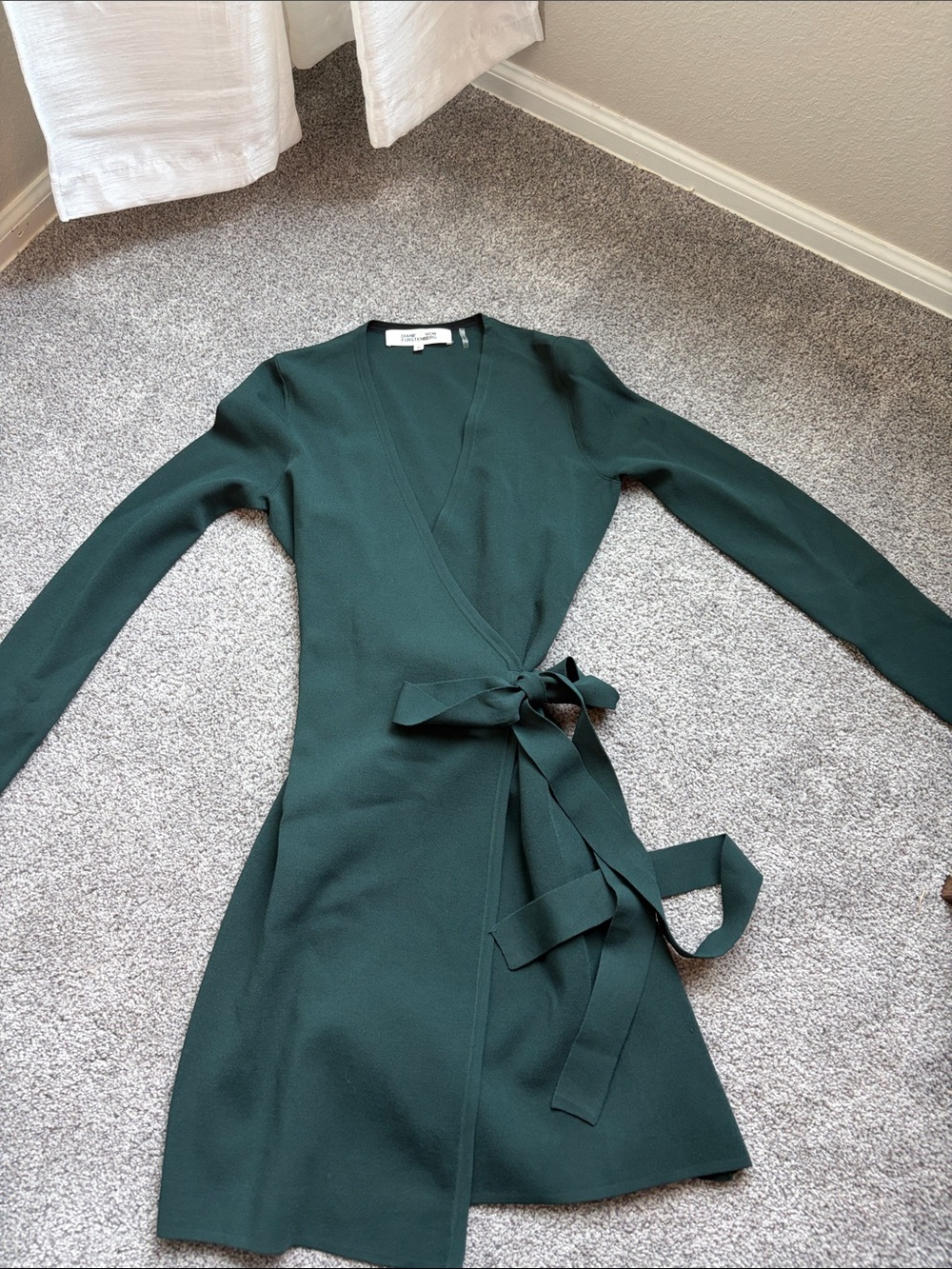 Iconic Diane Von Furstenberg Long Sleeve Emerald Wrap Dress with Self-Tie Waist